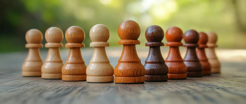 Wooden chess pawn pieces arranged in row on rustic wooden game board with natural blurred background, showcasing wood tones and textures, perfect strategy piece for chess game enthusiasts
