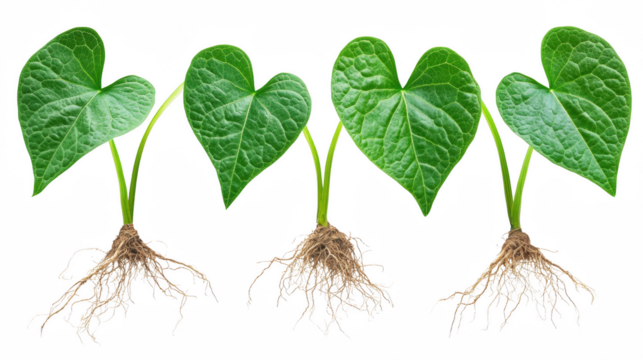 Four Green Heart Shaped Leaves With Roots