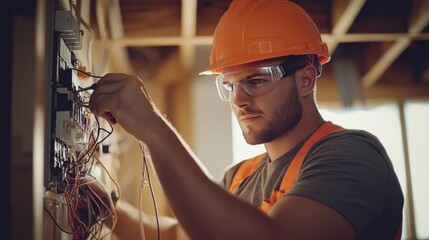 Focused man in orange safety gear works on electrical panel An electrician rewiring old home