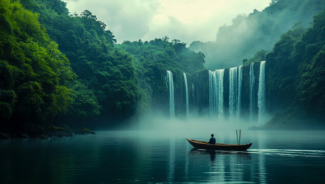 A man in an ancient wooden boat slowly floats across calm waters, gazing at a majestic waterfall cascading down the green mountains ahead.
