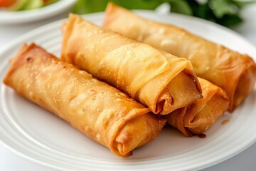 Crispy golden spring rolls on a white plate close-up view of delicious Asian appetizer