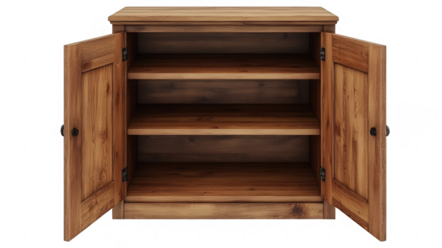 Wooden Cabinet With Open Doors And Shelves