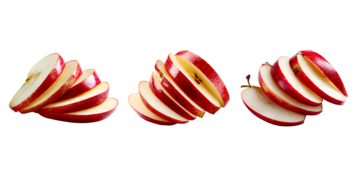 Red and White Apple Slices with Spiral Cuts Isolated on Transparent Background for Food Packaging