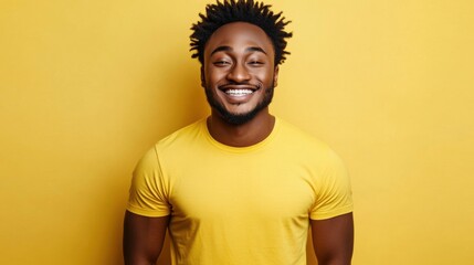 Obraz premium Happy young African-American man in yellow shirt smiling against bright portrait of african wearing