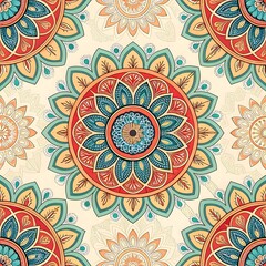  Intricate mandala design with symmetrical floral elements in warm red, teal, and gold tones on a beige background.

