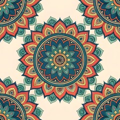  Intricate mandala design with symmetrical floral elements in warm red, teal, and gold tones on a beige background.

