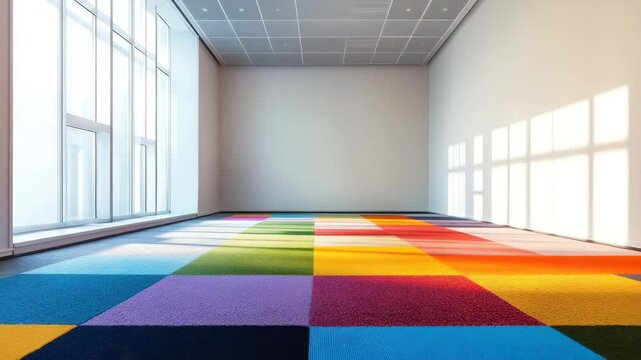 Colorful carpet with geometric pattern in empty room featuring sunlight and window shadow, modern interior design with bright, spacious, clean floor design creating cheerful atmosphere