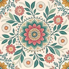  Intricate mandala design with symmetrical floral elements in warm red, teal, and gold tones on a beige background.

