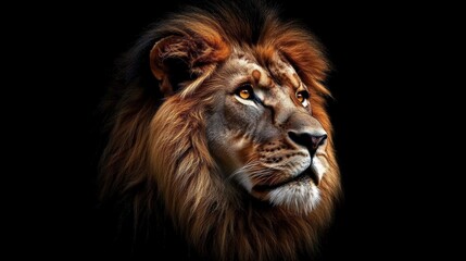 Fototapeta premium Majestic lion portrait with golden mane and intense gaze on face the isolated background
