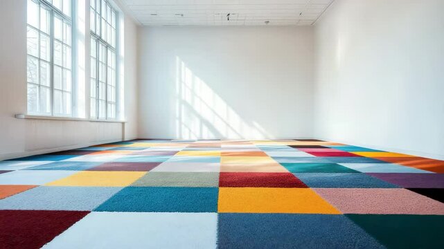 Colorful carpet square pattern covers floor of empty bright room with large window and white wall, creating vibrant spacious atmosphere with natural sunlight and geometric design