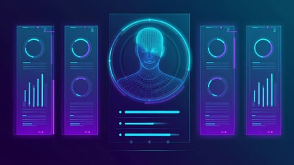 Futuristic digital interface with glowing holographic human face scan and neon data panels displaying charts and information on dark background. Concept of biometric technology and artificial intellig - Powered by Adobe