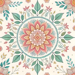  Intricate mandala design with symmetrical floral elements in warm red, teal, and gold tones on a beige background.

