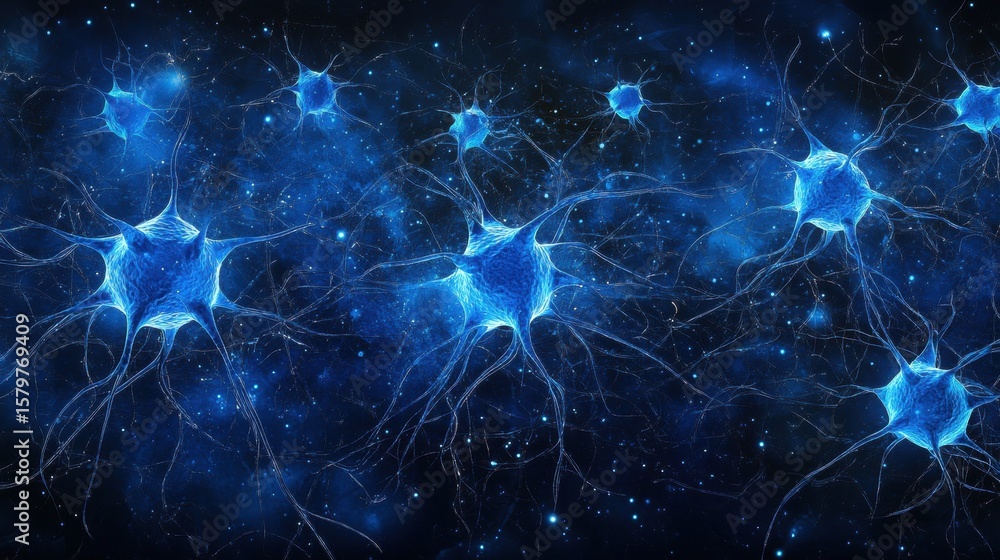 Aufkleber radiant blue neurons in top-down view with bokeh background and abstract blue-coloured neuron cells