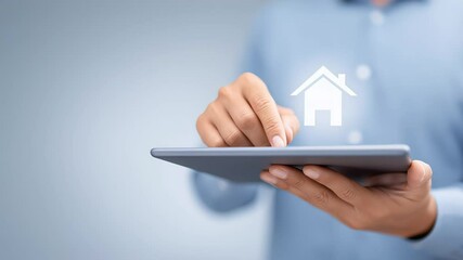 Close-up of person using tablet with floating house icon, modern real estate app interface and digital property management concept. Concept of smart home technology and online housing services
 - Powered by Adobe
