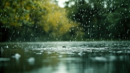 Serene Reflections: Close-Up of Calm Water with Raindrops, Trees, and photo heavy rain