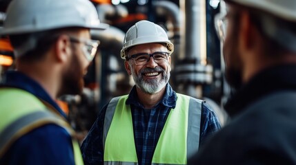 Obraz premium Three Smiling Men in Hard Hats and Safety Vests at Close-up engineer team talking smile