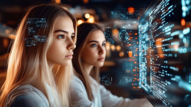 Two young women in futuristic office, focused on binary code are looking