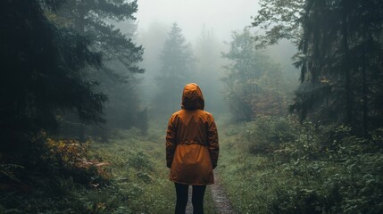 A lone figure stands in a misty forest, shrouded in fog.