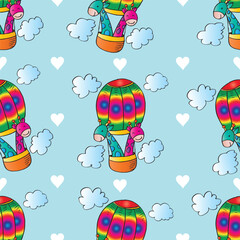 Seamless pattern with two giraffe in hot air balloons, cloud and hearts. Vector illustration.