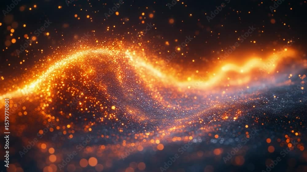 Aufkleber Fiery Wave of Particles: A mesmerizing digital rendering of a fiery orange wave composed of countless glowing particles, moving dynamically across a dark background.