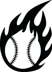 Baseball engulfed in stylized flames, rendered in black and white silhouette.