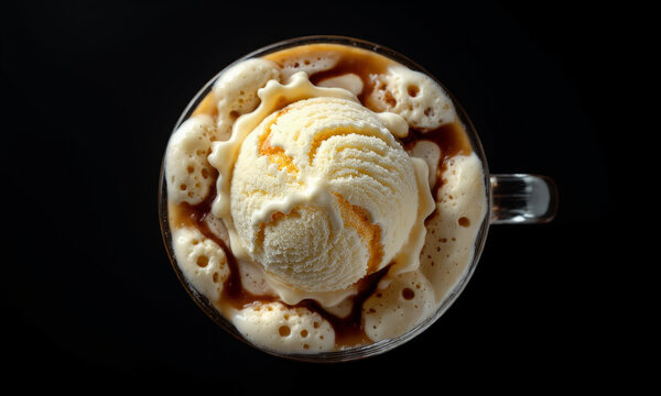 A Top-Down View of a Root Beer Float, with a Complex, Cratered Landscape of Foam and Melting Ice Cream