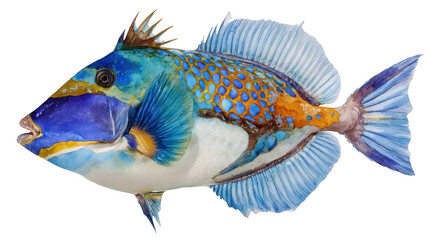Fototapeta premium A vibrant watercolor painting showcases a colorful lagoon triggerfish, showcasing its intricate patterns and unique dorsal spines on a white backdrop.