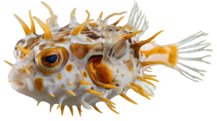 A spiny balloonfish with white and brown spots looks directly at the camera with its distinctive blue eye against a clean and bright white background.