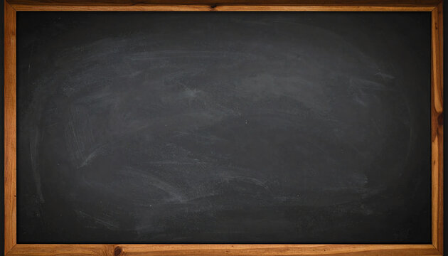 A blank black chalkboard framed in wood, ready for writing or drawing, often used in classrooms or presentations