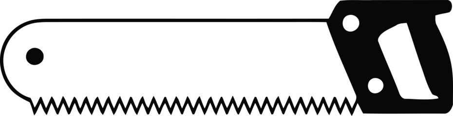 Black silhouette of a hand saw with a wooden handle on a white background
