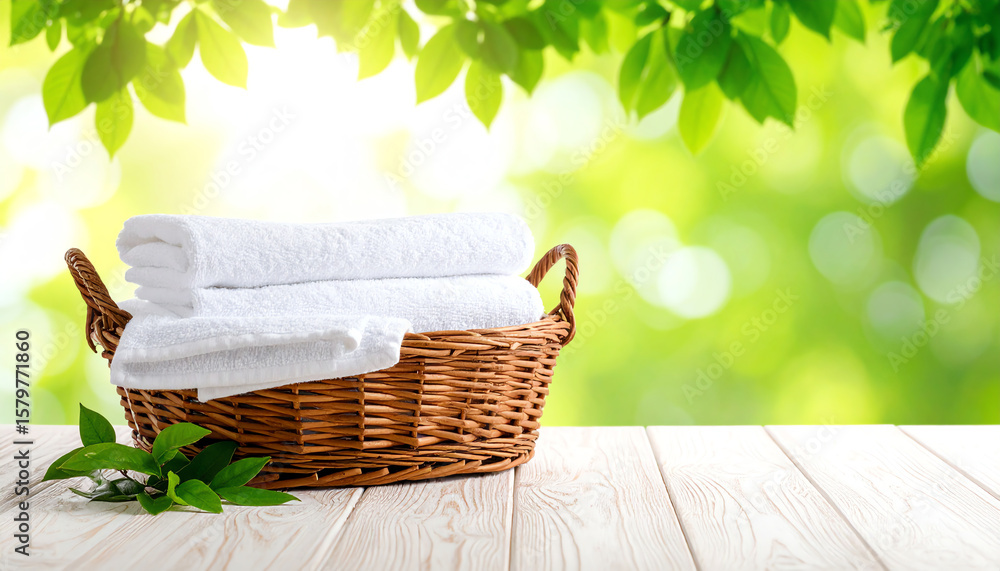 Poster fresh towels neatly stacked in a woven basket, surrounded by greenery and soft lighting, creating a 
