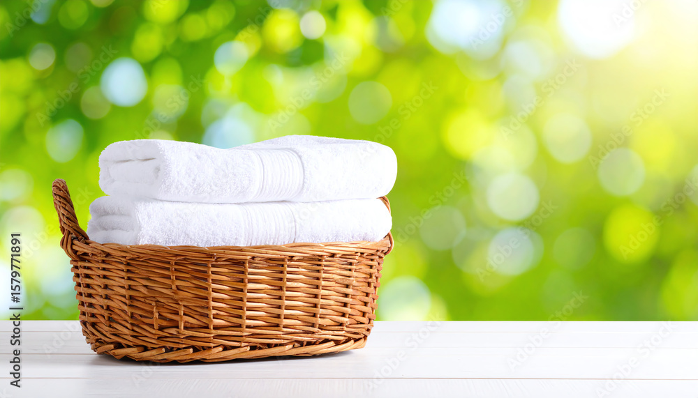 Poster fresh white towels neatly stacked in a wicker basket, set against a blurred green background, creati