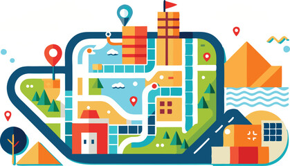 A comprehensive collection of colorful route map illustrations, featuring navigation pins, winding paths, and stylized landscapes to indicate travel and destination