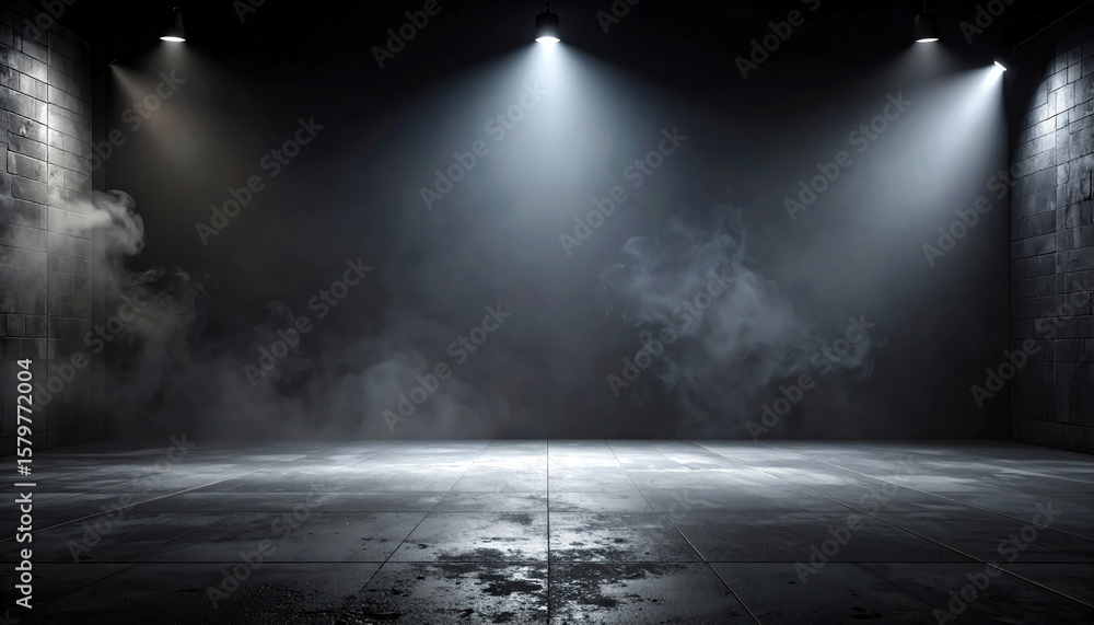 Poster a dimly lit industrial space with concrete walls and a wet floor, illuminated by beams of light, cre
