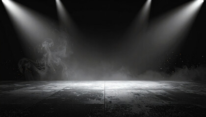A dramatic stage with bright spotlights illuminating a foggy, textured floor, creating an atmosphere of anticipation and mystery
