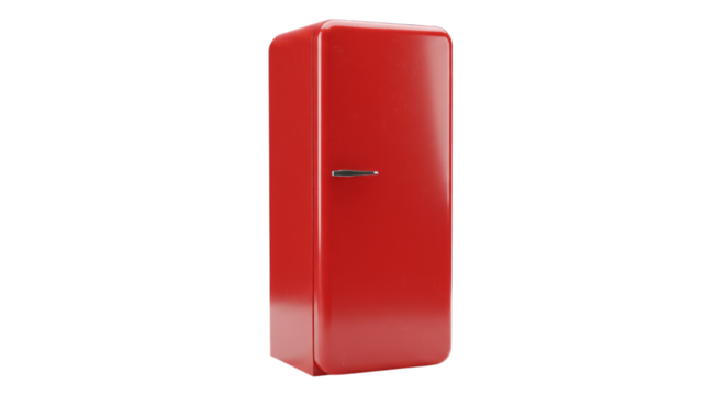 Retro Red Refrigerator Standing on Transparent Background, Vintage Appliance