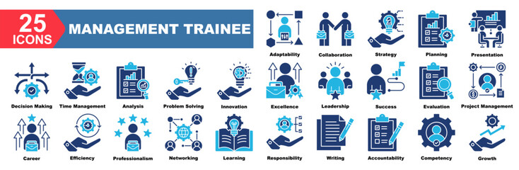 Management Trainee icon collection set.Adaptability,Collaboration,Strategy,Planning,Presentation,Decision Making,Time Management.Simple vector illustration.