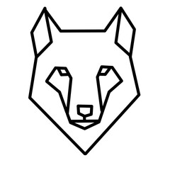 Geometric wolf head line art with sharp angular shapes and pointed ears, minimalist design symbolizing strength, intelligence, independence, and wilderness.