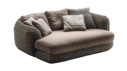 Wicker Sofa With Comfortable Cushions On Transparent Background