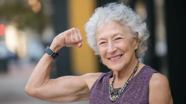 Strong Senior Woman: A portrait of a smiling, strong senior woman flexing her bicep, showcasing her fitness and vitality. Her short, gray hair, necklace.