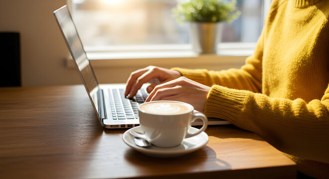 Woman Working on Laptop in Cafe