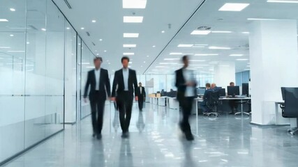 Business Professionals Walking Through Modern Office: The image shows a modern office environment, with business professional figures walking through the clean and bright workspace.