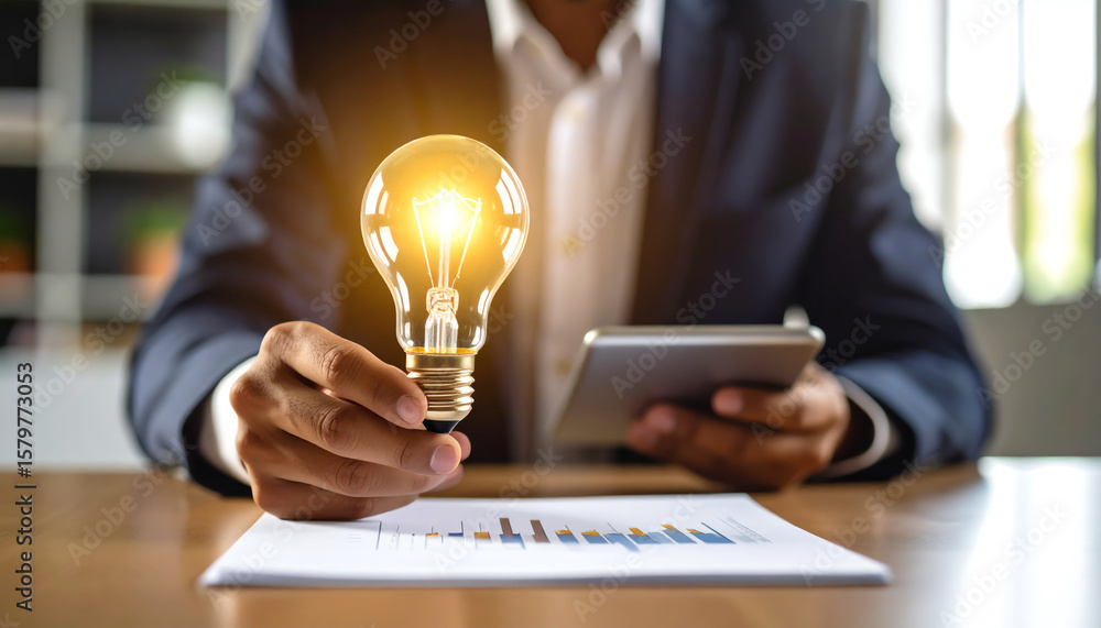 Poster a businessman holds a glowing light bulb while reviewing data on a tablet, symbolizing innovation an