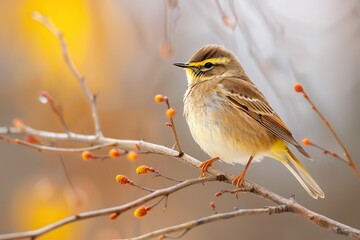 Fototapeta premium Palm warbler perched gracefully on a branch amidst a soft golden bokeh background