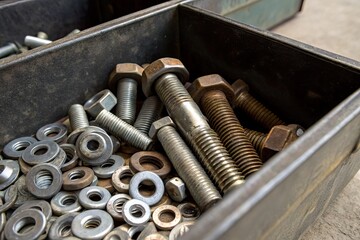 A close-up view of assorted metal bolts and washers in a toolbox, showcasing various sizes and textures