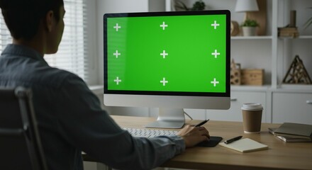 Person working on computer with green screen