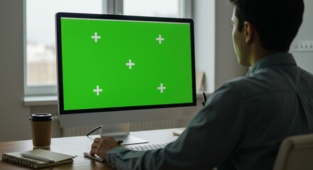 Person working on computer with green screen
