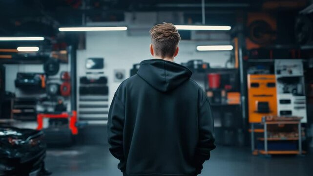 Man wearing black hoodie in modern garage workshop with tools equipment shelves indoors focused atmosphere casual style back view contemplative focused environment