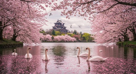 Pink cherry blossoms over lake with swans