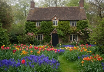 Charming ivy-covered cottage nestled amongst vibrant spring tulips and lush greenery.